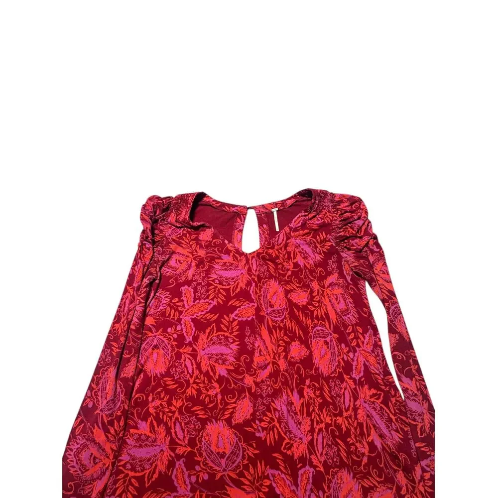 Free People Hello Lover Tunic Top Womens S Red Floral Long Sleeve Puff Shoulder